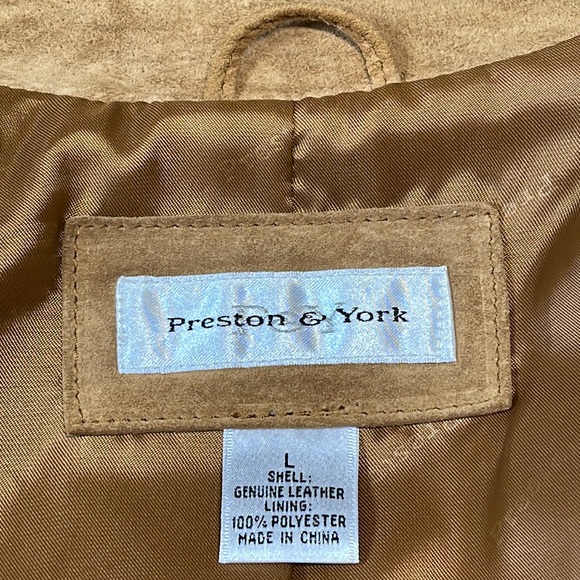 VINTAGE LARGE PRESTON & YORK GENUINE LEATHER SUEDE TAN/ GOLD DRESS JACKET - Picture 9 of 15